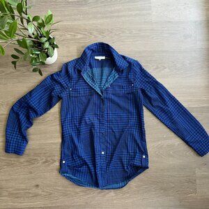 Calvin Klein Blue Checked Button-Down Blouse (with Roll-Up Hem & Sleeve Detail